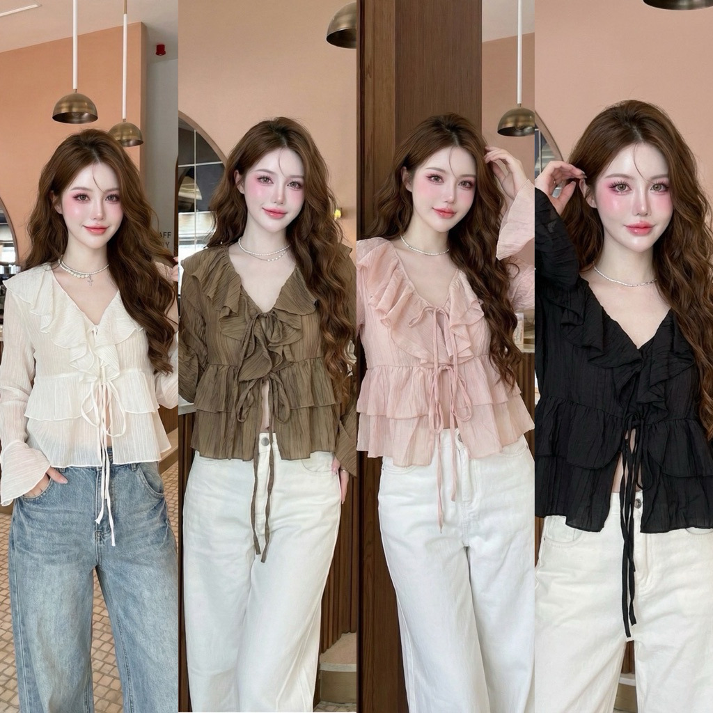 Teera❤️พร้อมส่ง✨Bershka l top💘ใส่ง่าย ไม่ต้องรีด เสื้อระบายทรงสวยแขนยาว💕งานละมุนค่า อกก่อนยืด42 นิ้ว🍧sheeny