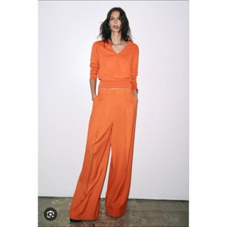 Za.ra wide leg pleated pants กางเกงเอวสูงทรงขากว้าง สีส้ม แท…