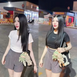 ชุดเซ็ท 2 ชิ้น เสื้อลายโบว์ขยุ้มข้าง+กางเกงขาสั้นลายริ้ว