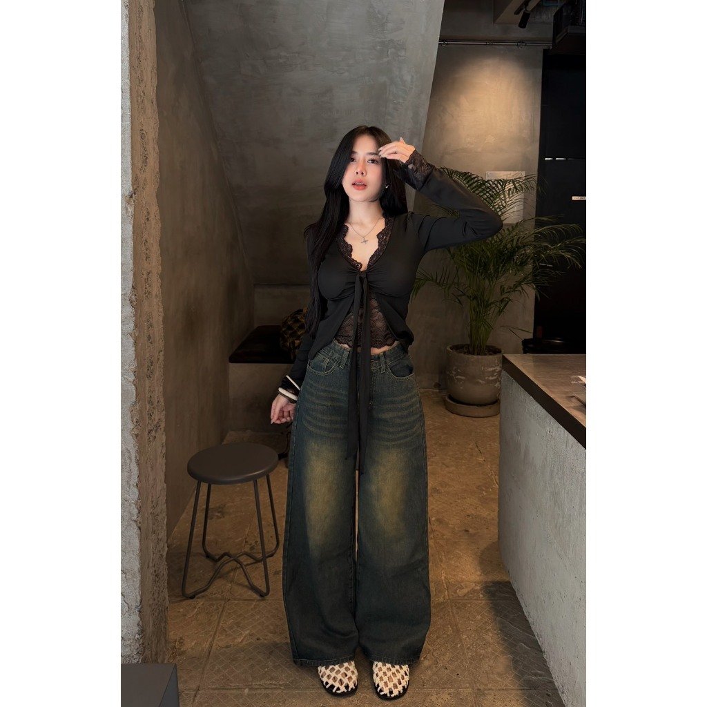 V8036-1 กางเกงยีนส์กระบอกใหญ่ สีสนิมเข้ม ผ้ายีนส์ ไม่ยืด baggy Jeans