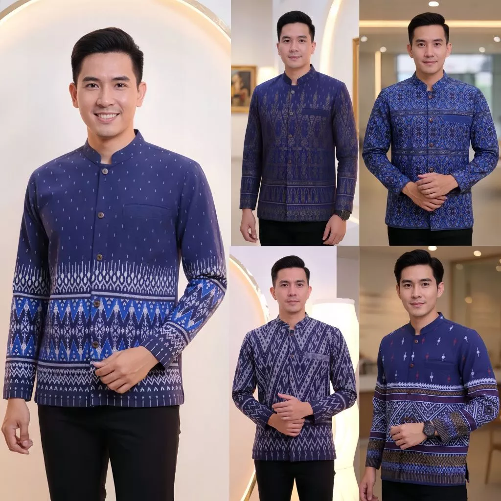 เสื้อลายไทยผู้ชายเต็มตัวแขนยาว เนื้อผ้าฝ้ายพิมพ์ลายหมักโคลน โทนสีกรม