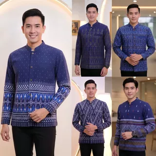 เสื้อลายไทยผู้ชายเต็มตัวแขนยาว เนื้อผ้าฝ้ายพิมพ์ลายหมักโคลน โทนสีกรม