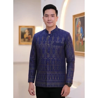 เสื้อลายไทยผู้ชายเต็มตัวแขนยาว เนื้อผ้าฝ้ายพิมพ์ลายหมักโคลน โทนสีกรม