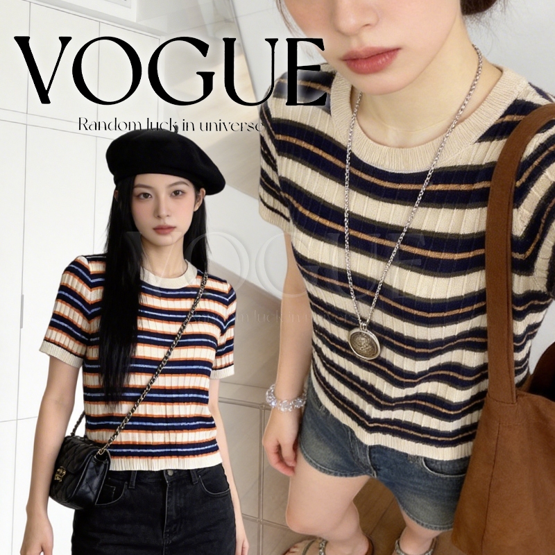 Vogue พร้อมส่ง เสื้อไหมพรมผู้หญิง ลายทาง สั้นและเข้ารูป สไตล์เกาหลี (5291) -N