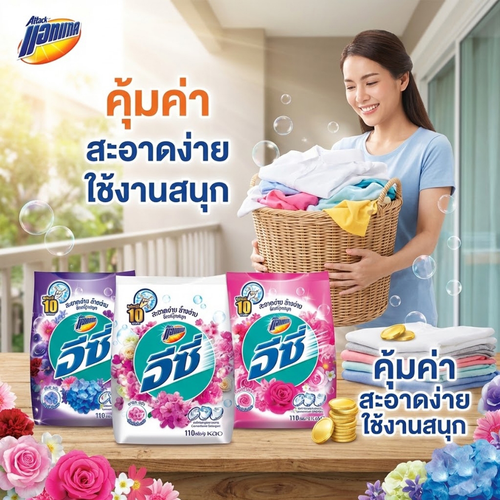Attack แอทแทค อีซี่ ผงซักฟอก 110 กรัม มีทั้งหมด 4 สูตร แฟ๊บ แฟ็บซักผ้า ผงซัก ลดกลิ่นอับ น้ำยาซักผ้า