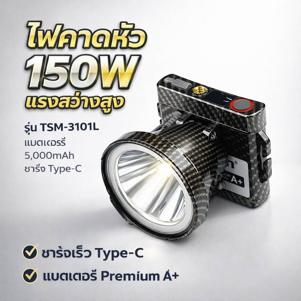 ไฟฉายคาดหัว TSM-3101L 150W แบต 5000mAh ส่องไกลพิเศษ ชาร์จ Type-C กันน้ำ IP65 ไฟแรงสูง ใช้งานกลางคืน