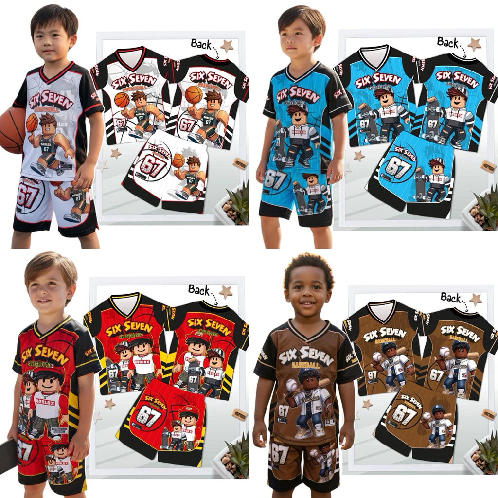 ชุดเด็ก ลายใหม่ ซิกเซเว่น 67 ชุดเด็กแขนสั้นขาสั้น เนื้อผ้าไมโครไฟเบอร์พิมพ์ลาย กระแส คอกลม คอวี