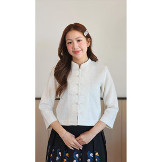 เสื้อคอจีนแขน 5 ส่วนผ้าใยกัญชง อัดกาวสีธรรมชาติ