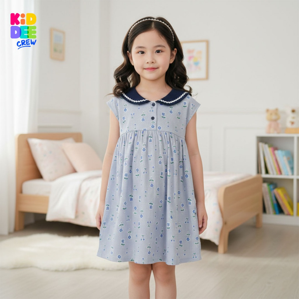 KiddeeCrew ชุดกระโปรงเด็กหญิง ลายดอกโทนฟ้า ปกคอบัว ลุคหวานละมุน