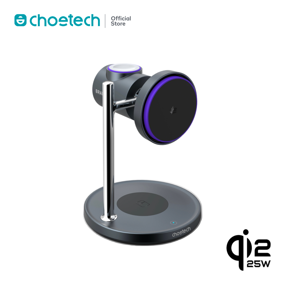 Choetech แท่นชาร์จไร้สาย 3 in 1 Stand Wireless Charger Qi2.2 25W Grey รองรับการชาร์จเร็วสูงสุด 25w