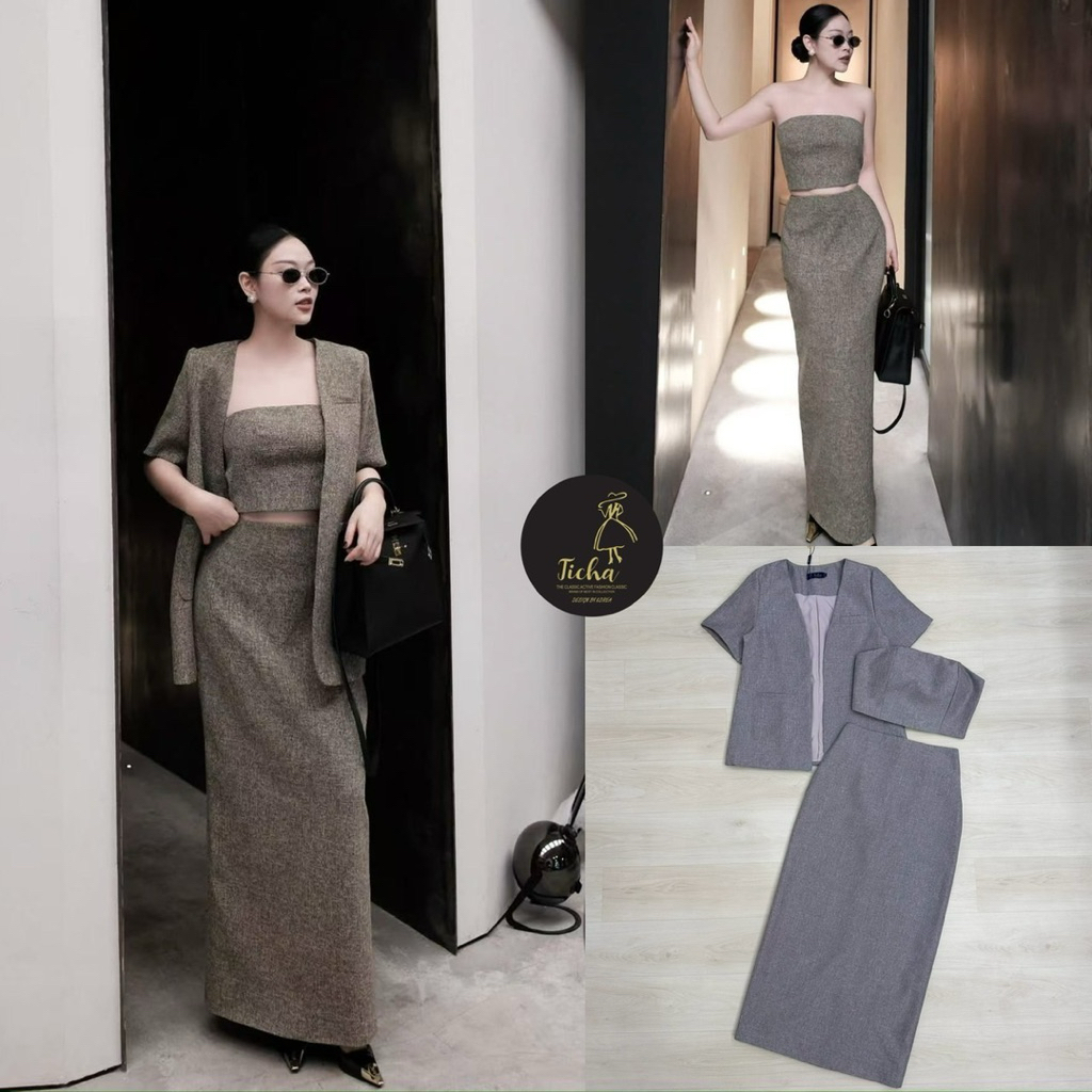 Ticha Set3ชิ้นสีเทา เสื้อ+กระโปรงตัวยาว