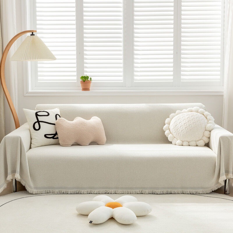 โซฟาคลุมผ้า Chenille แบบเรียบหรูพร้อมผ้าห่มตกแต่งที่มีปลายห่วง คลุมโซฟาตกแต่งป้องกันฝุ่นสำหรับผ้าห่มแบบเรียบบนโซฟา
