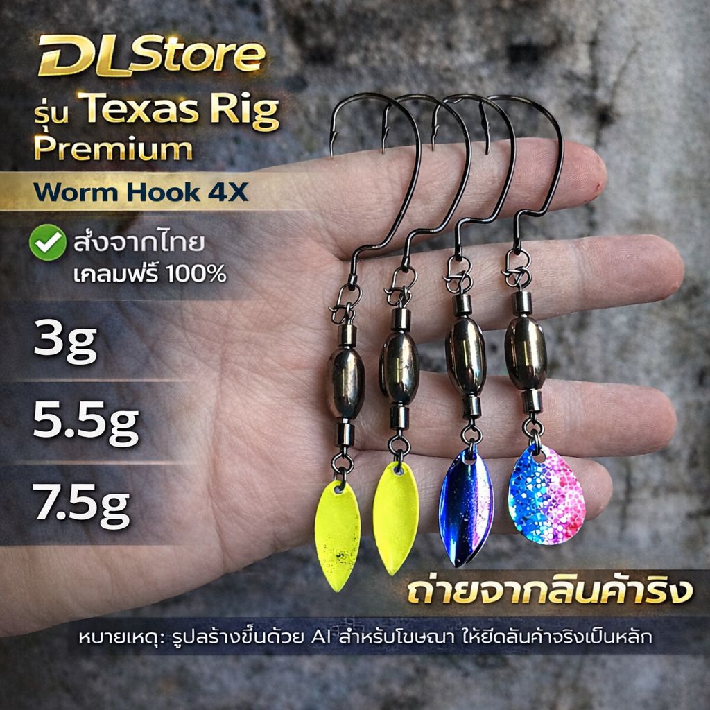 ชุดตกปลาช่อน Texas rig j-rig ฟรีเบ็ด2ตัว(ใบเขียว) เบ็ดหนอน worm Hook