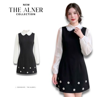 Thealner-AN715 (เดรสดำคอปกปักเพรช+เสื้อขาวแขนยาว)