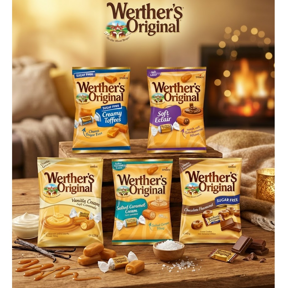 Werther's original ลูกอมคาราเมลหอมหวาน มี 5 รสชาติ น้ำหนัก  60-125 กรัม สินค้านำเข้าจากเยอรมัน