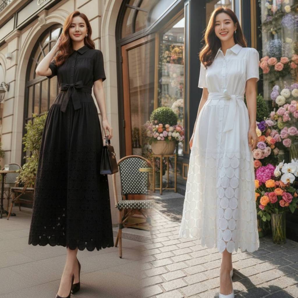 OR99143 เดรสยาวทรงเอ ผ้าฝ้ายคอปกแต่งชายลูกไม้ ทรง Over size พร้อมผ้าผูกเอว