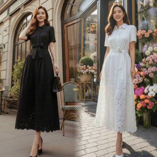 OR99143 เดรสยาวทรงเอ ผ้าฝ้ายคอปกแต่งชายลูกไม้ ทรง Over size …