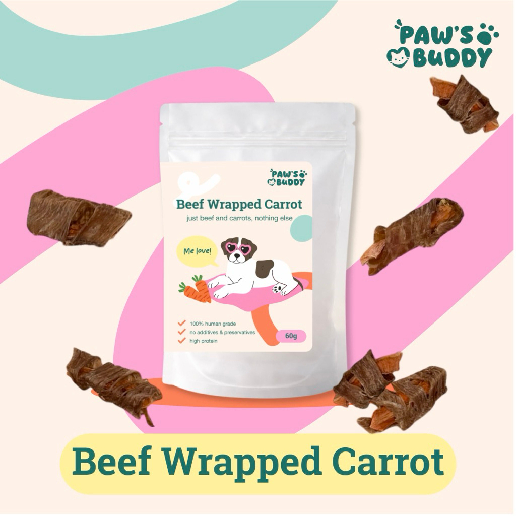 ขนมสุนัข เนื้อวัวพันแครอท Paw’s Buddy ขนมสุนัขเกรดคนทาน 60g