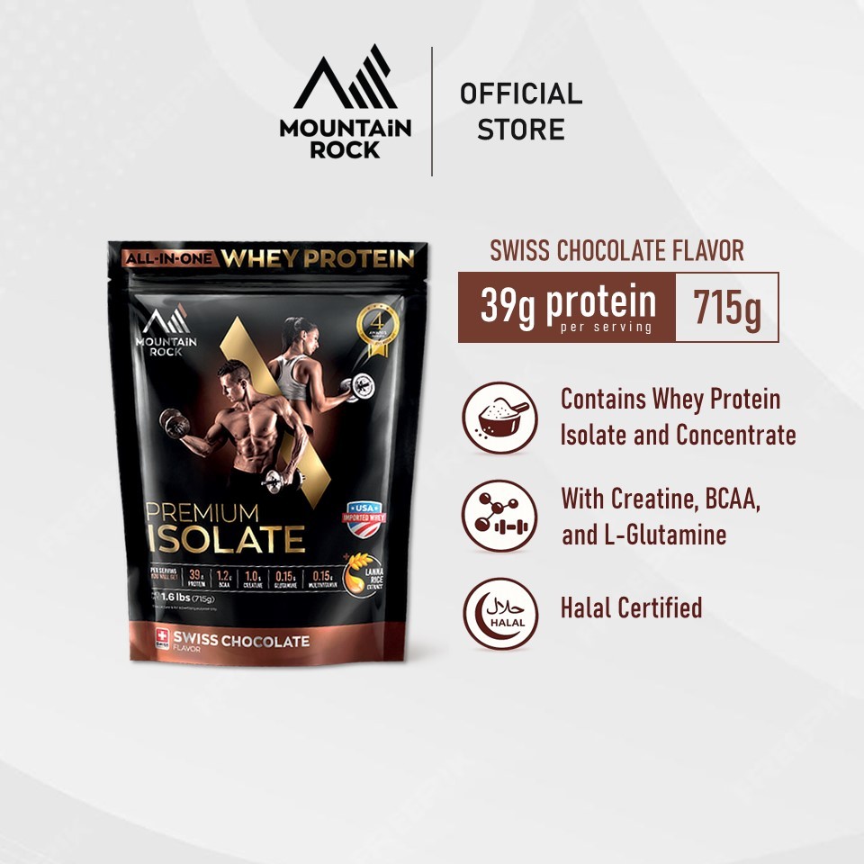 Mountain Rock เวย์โปรตีนไอโซเลต All-in-One 715 กรัม รส Swiss Chocolate | รางวัลนานาชาติ | ฮาลาลรับรอง