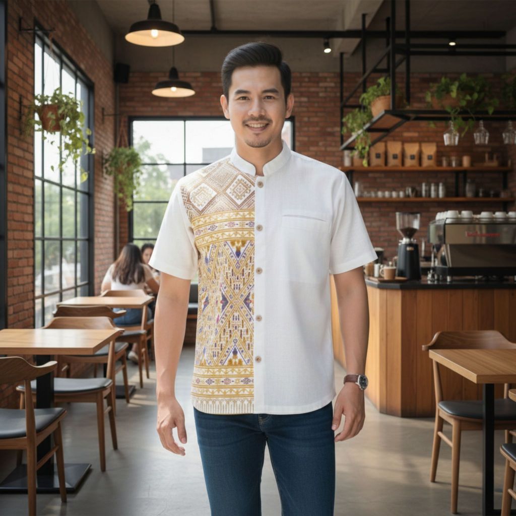 เสื้อลายไทยทูโทนผู้ชายแขนสั้น เนื้อผ้าฝ้ายพิมพ์ลายหมักโคลน โทนสีขาวP64 แถม!!ถุงใส่แก้วน้ำ