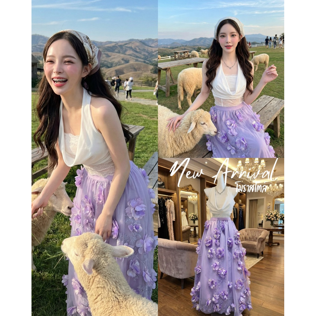 M O R A S T Y L E Set 2 ชิ้น เสื้อผูกคล้องคอแต่งลูกไม้ซีทรูช่วงเอว มาพร้อมกับกระโปรงผ้ามุ้ง