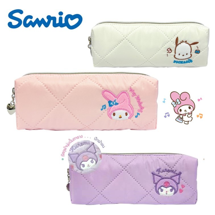 กระเป๋าดินสอ Sanrio ลิขสิทธิ์แท้ รุ่น 69 ผ้านุ่มลายตาราง ปักลายขน จุเยอะ ลาย melody kuromi pochacco