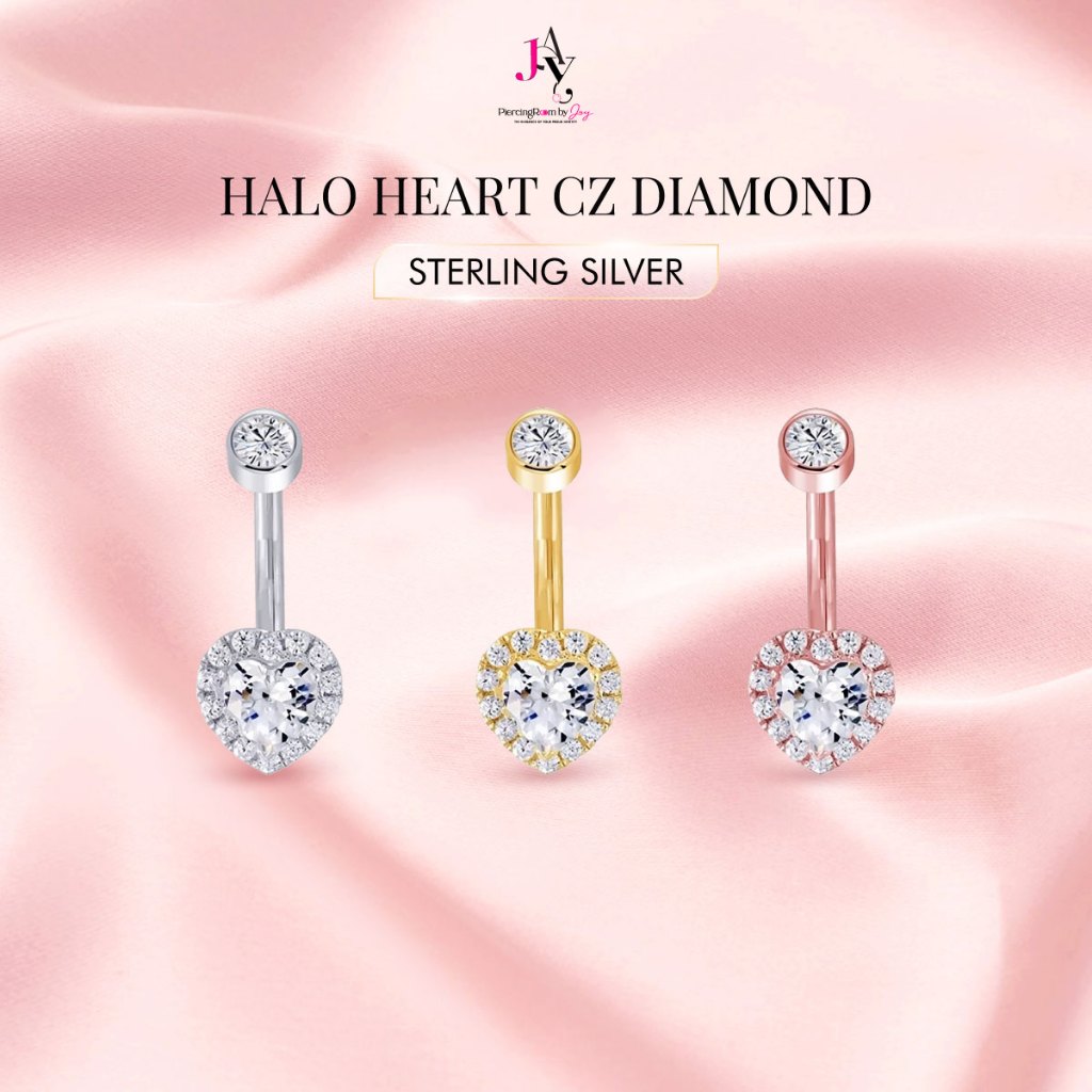 Piercingroom by Jay จิวสะดือสำหรับผิวแพ้ง่าย Halo Heart CZ Belly Ring จิวสะดือ หัวใจล้อมเพชร เงินแท้ (ราคาต่อชิ้น)