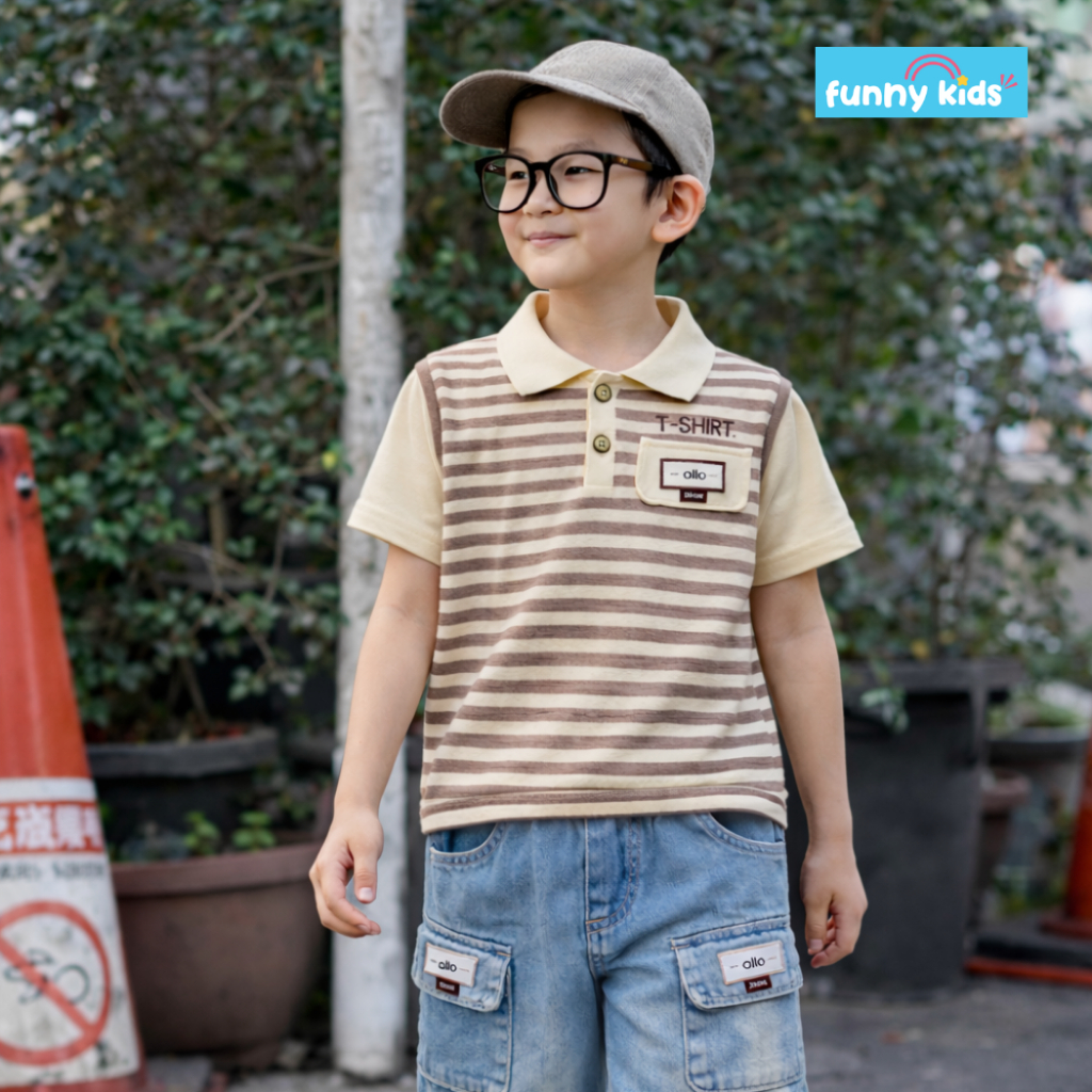 ชุดเด็กแฟชั่น Funnykids สำหรับเด็ก4-10ปี เซ็ทเสื้อยืดและกางเกงยีนส์ คอปก2ชั้นลายทางน้ำตาล CF251309