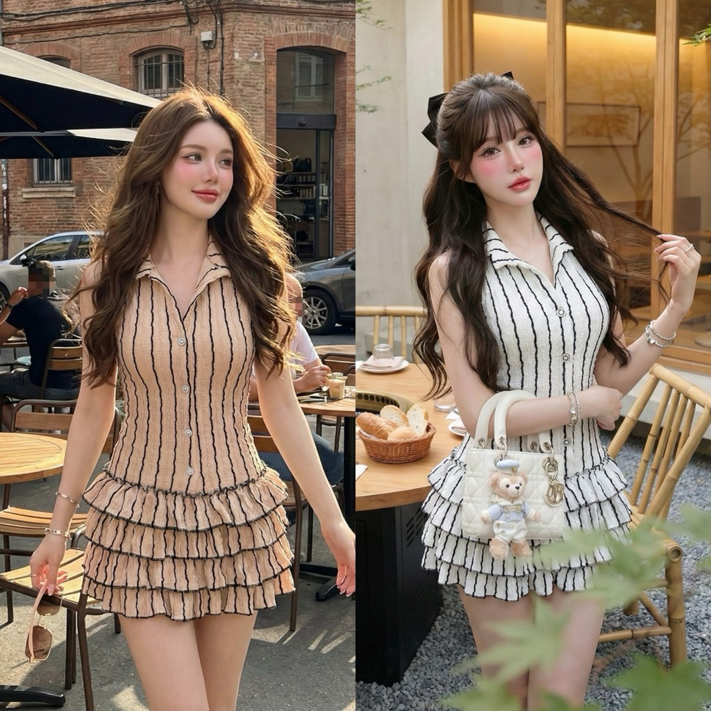 Teera❤️พร้อมส่ง✨เดรสลายริ้ว🌸มินิเดรสผ้ายืดฉลุลายริ้ว  ผ้านิ่ม🎀ใส่แล้วดูเป็นสาวมีสะโพก😍#เดรสลายริ้ว goodluck