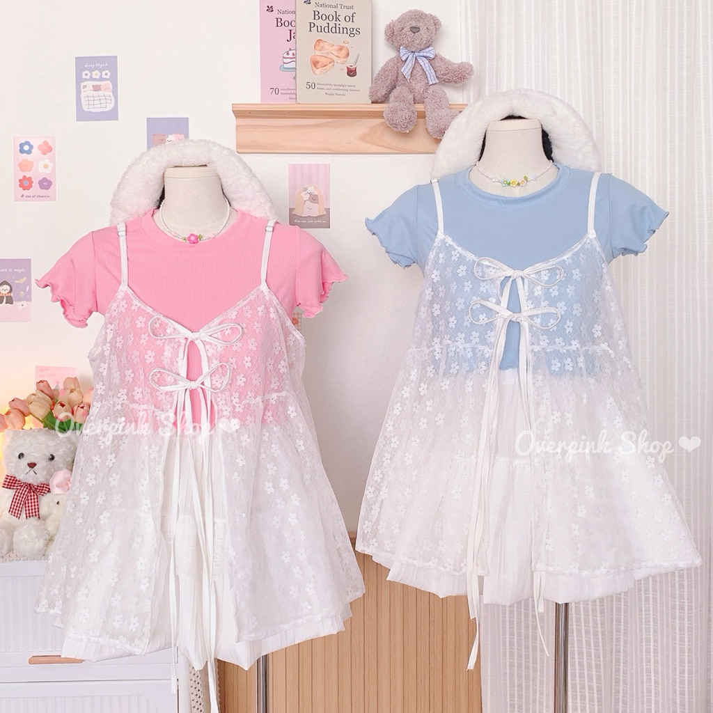 🌸OVP🌸 มีหลายแบบ เสื้อสายเดี่ยว ผ้าตาข่ายลายดอกไม้สีขาว แต่งผูกโบว์ข้าง เสื้อคลุมแฟชั่น