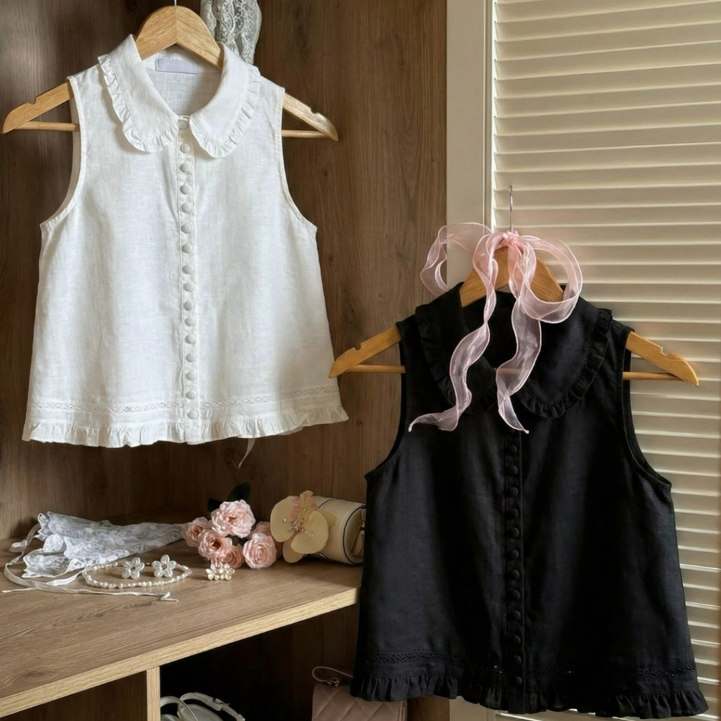 Amilia Top เสื้อแขนกุดคอบัว แต่งริ้วระบายน่ารัก ปักลูกไม้ด้านหลังสไตล์เกาหลี Miladi