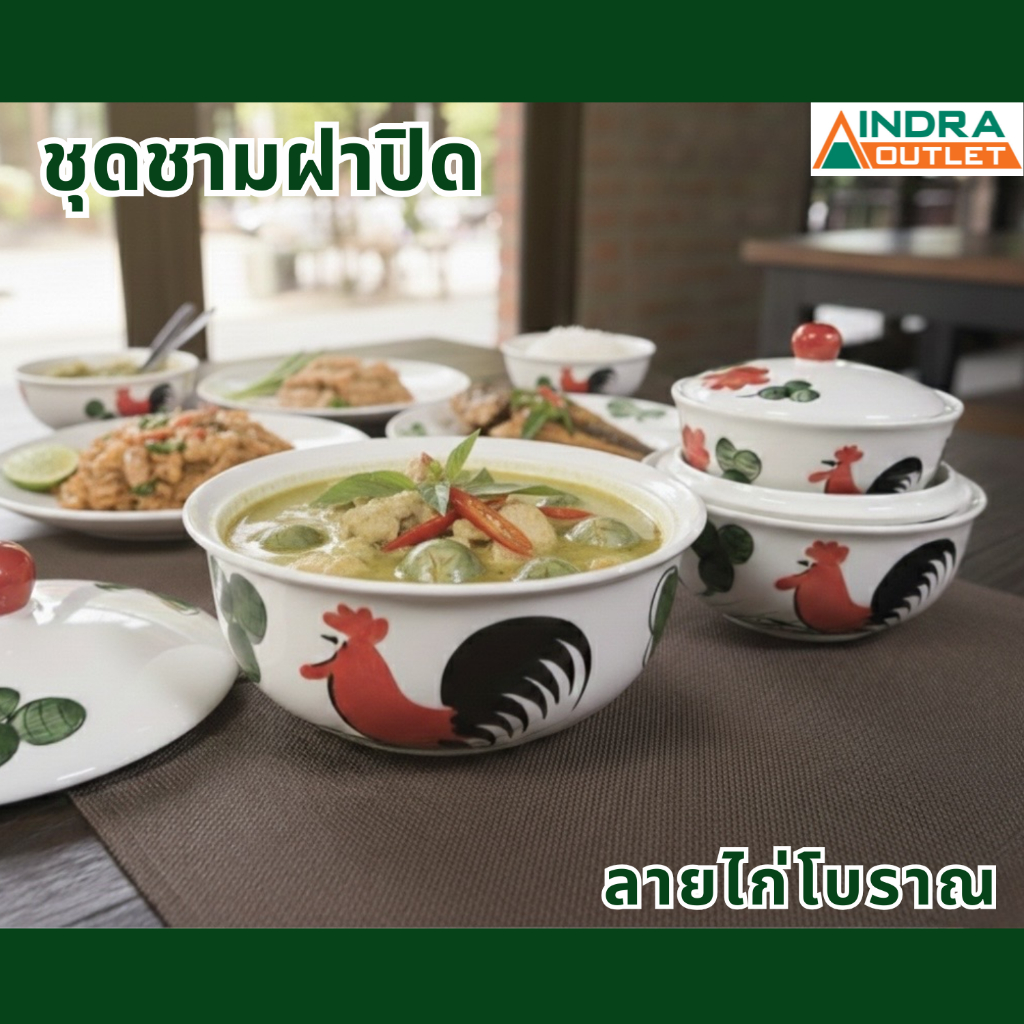INDRA CERAMIC ชุดชามฝาปิด ลายไก่โบราณ เซรามิกเข้าไมโครเวฟได้ มีให้เลือก 5 ขนาด