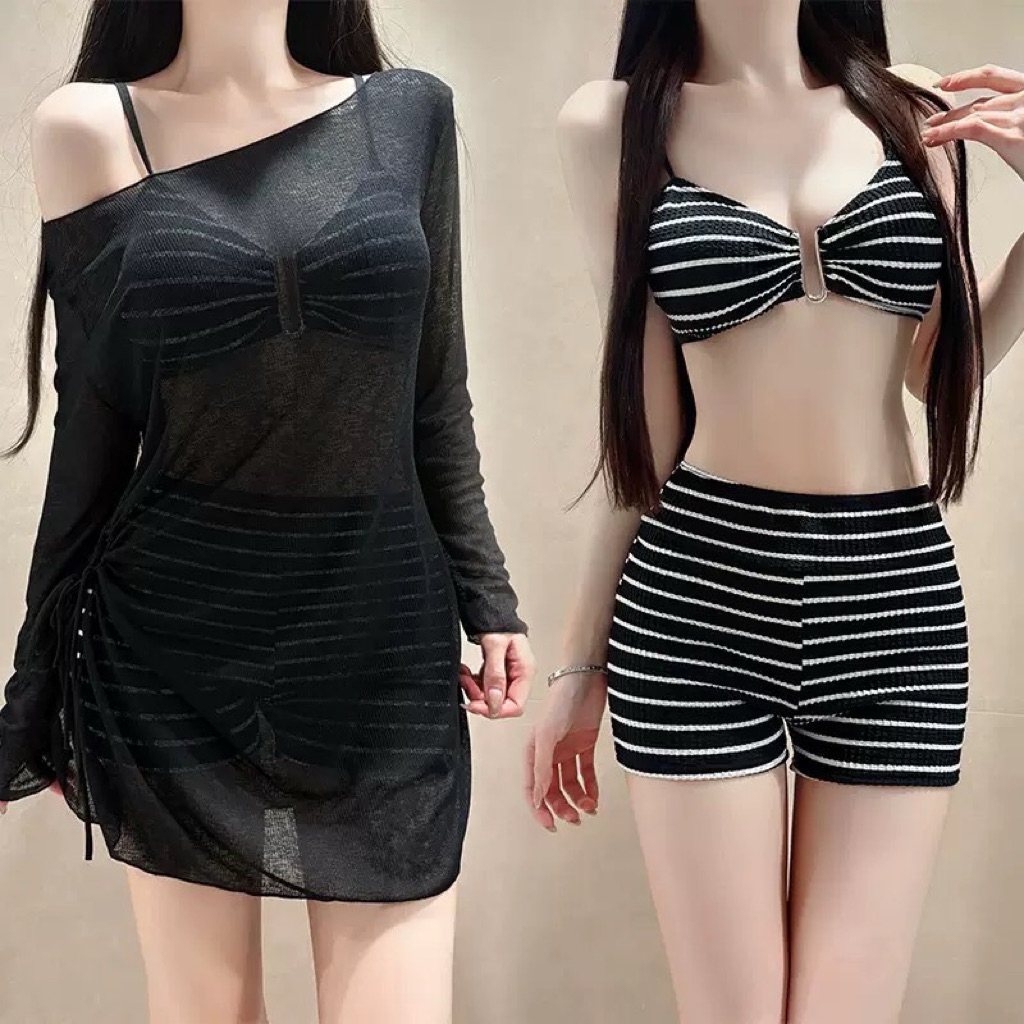 [Dissummer] ชุดว่ายน้ำ ทูพีช เซต 3 ชิ้น ดำลาย เสื้อคลุมดำ [ร้านไทย พร้อมส่งจากไทย]