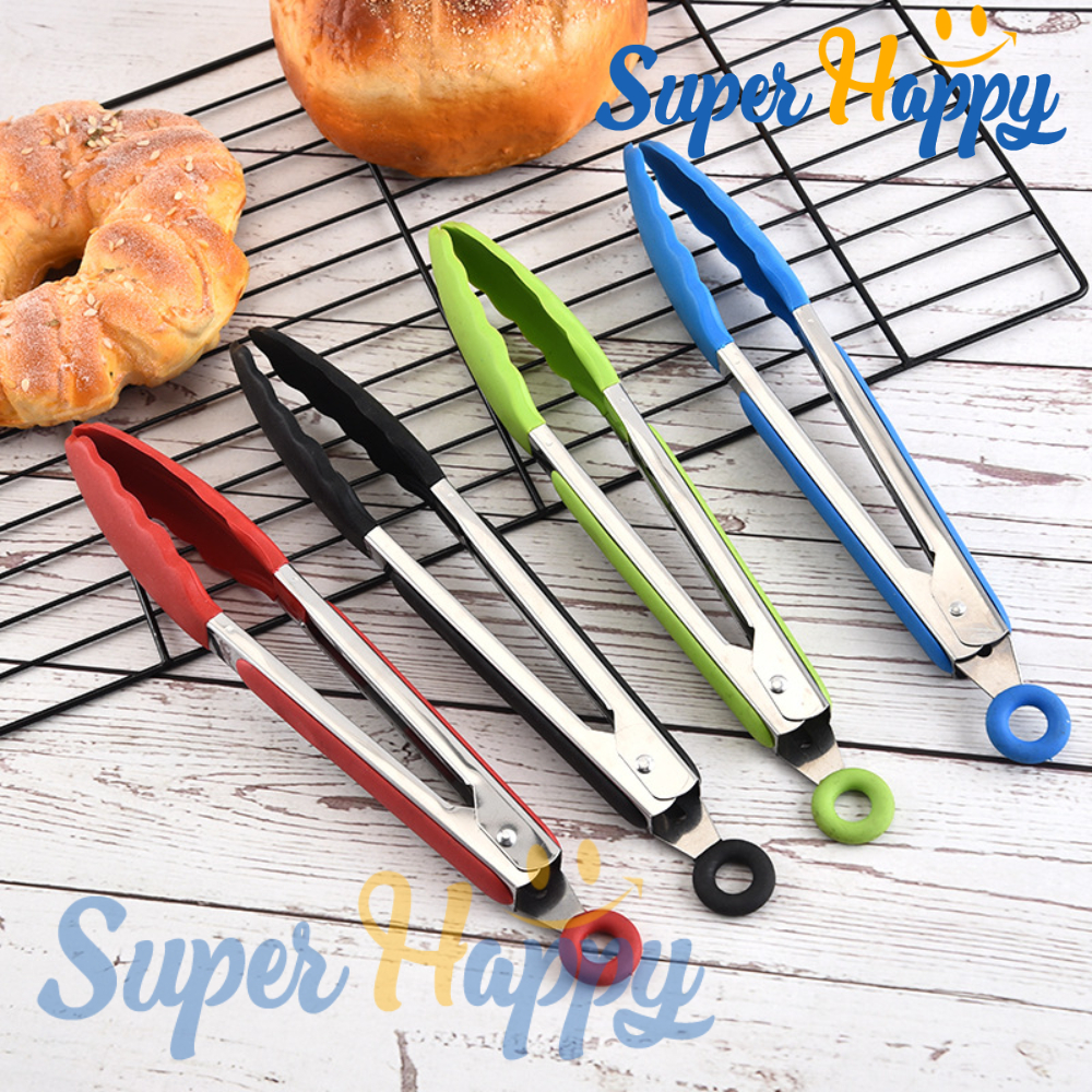 ที่คีบอาหารซิลิโคน 27 ซม. ด้ามสแตนเลส | คีบปิ้งย่าง บาร์บีคิว หม้อทอดไร้น้ำมัน ทนความร้อน มีห่วงล็อ