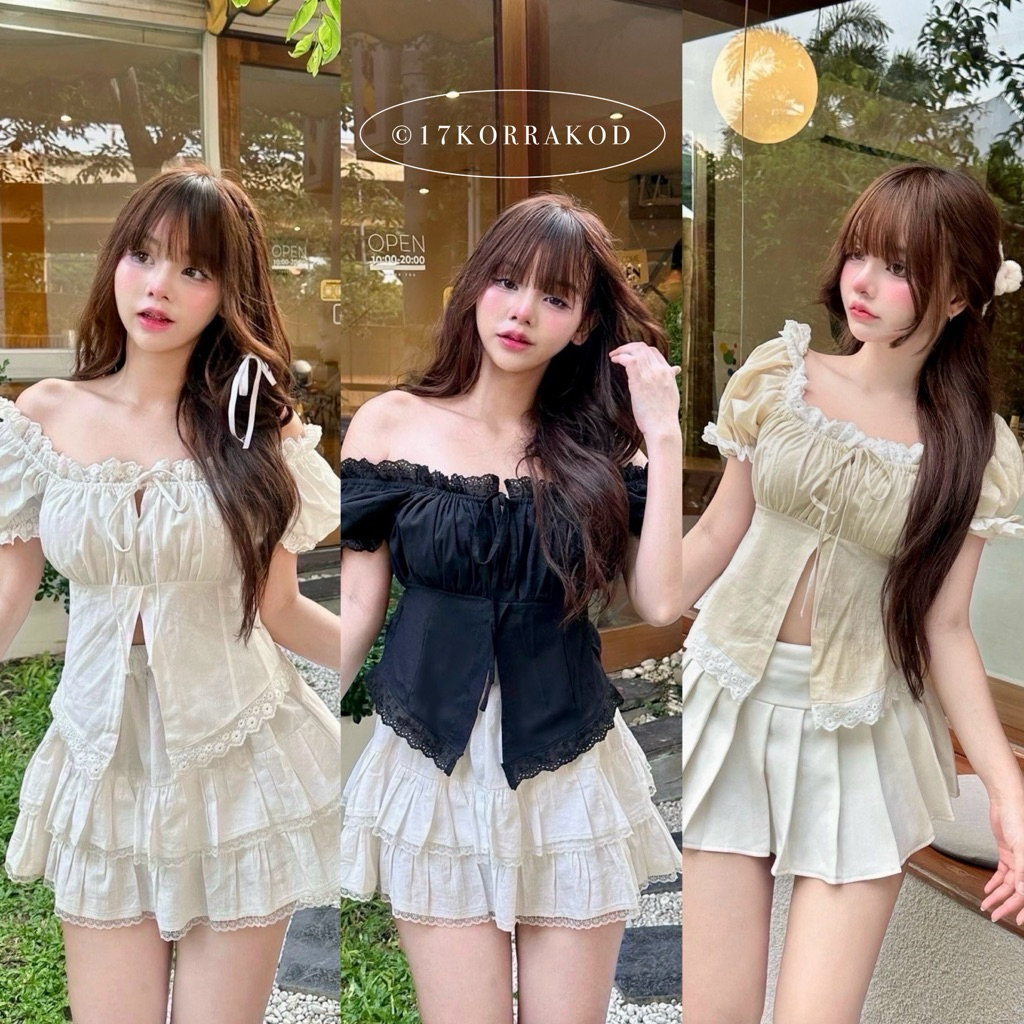 🌻เสื้อแขนตุ๊กตาผ่าหน้าแต่งลูกไม้ ดีเทลรูดปรับช่วงหน้าอกผูกโบว์หน้า ทรงสวย น่ารัก (Nusa Style)