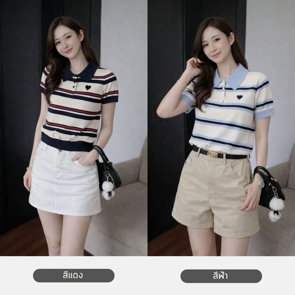 RC82 เสื้อไหมพรมโปโลลายทางปักหัวใจ