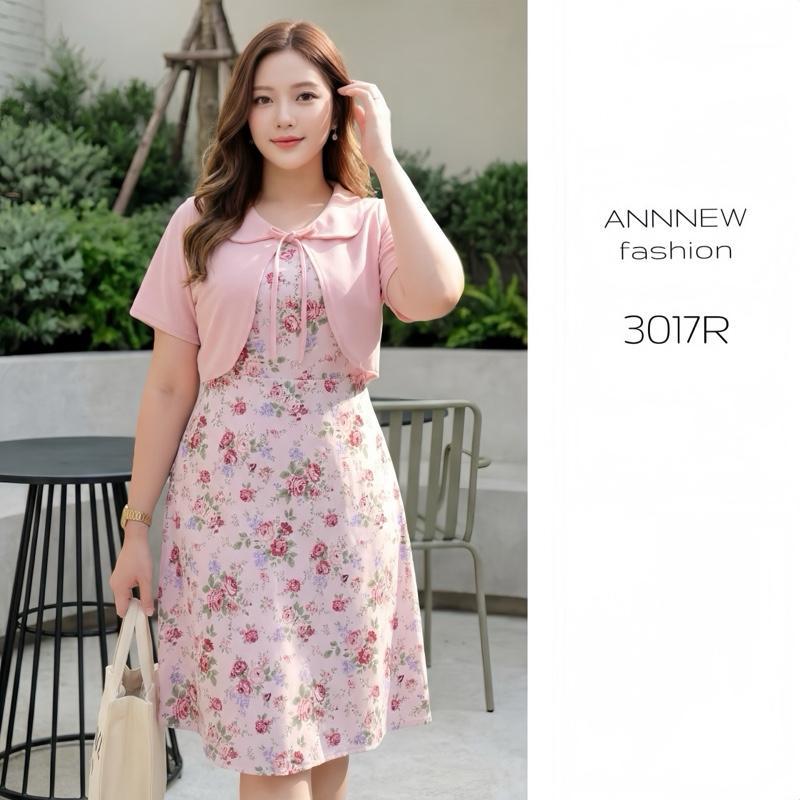 Annnew เดรสผ้าไหมอิตาลี่ลายดอกไม้เเต่งกั๊กคอบัว 3017R