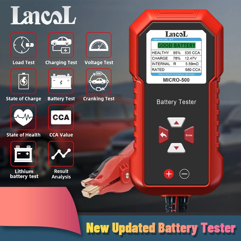 Lancol Micro500 เครื่องวิเคราะห์แบตเตอรี่รถยนต์ 12V 24V 40-3000 CCA มีเมนูภาษาไทย