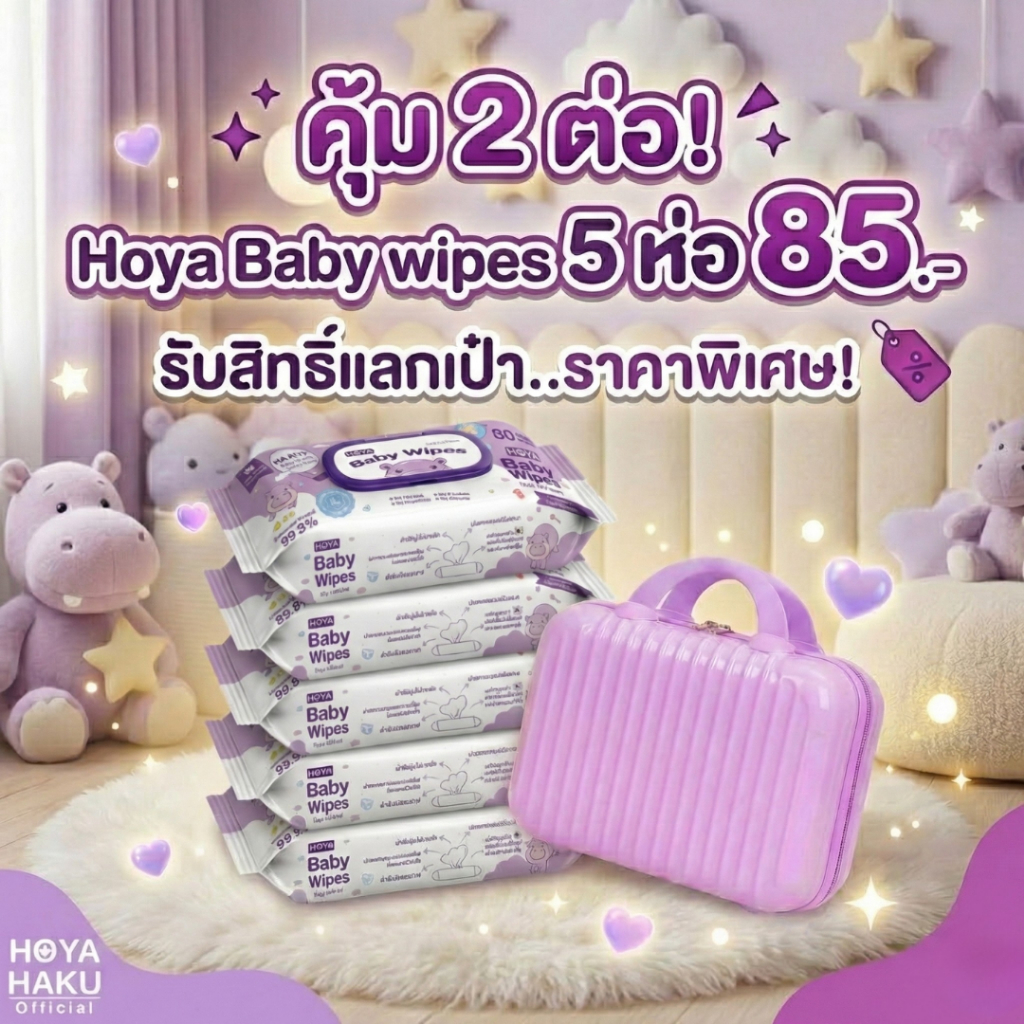 HOYA ทิชชู่เปียก baby Wipes 80แผ่น/ห่อ x5ห่อ สูตรอ่อนโยน สำหรับผิวบอบบาง ผ้านุ่มชุ่มชื้นไม่บาดผิว