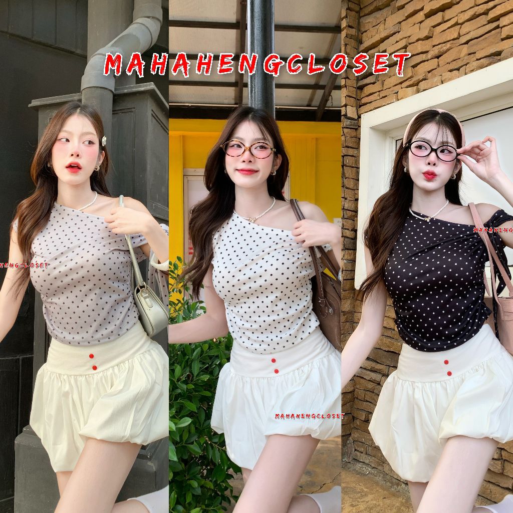 💰MahahengCloset💰เสื้อปาดไหล่แขนสั้น ลายจุด ผูกโบว์ สไตล์หวาน เสื้อแฟชั่นผู้หญิงฮิตสุด