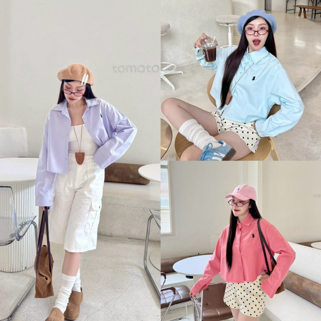 New in ✨ เชิ้ตคร้อป แขนยาว สไตล์เกาหลี ดีเทล กระดุมหน้า งานปักม้า ผ้าคอตตอต