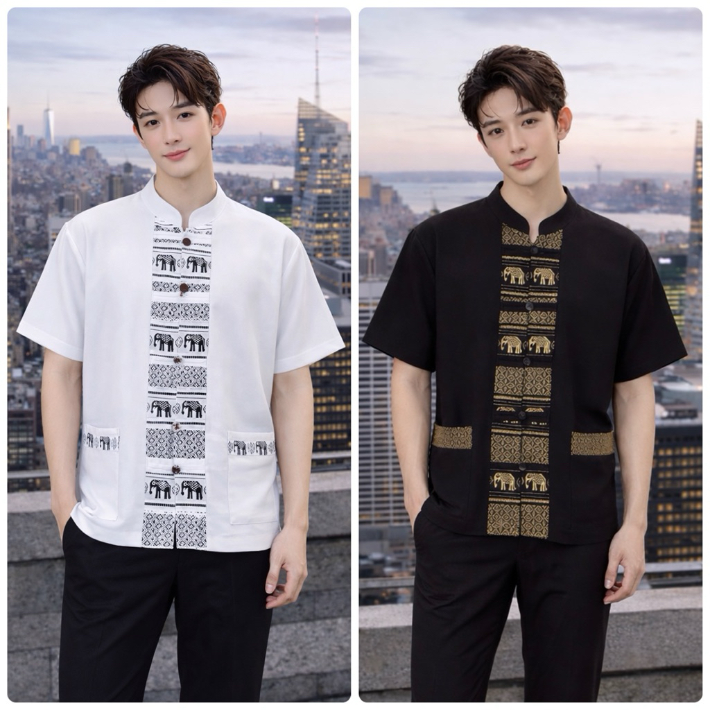 เสื้อผู้ชายลายช้างกระดุมหน้า