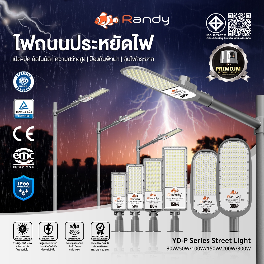 RANDY ไฟบ้าน 220V  ไฟถนนรุ่น P series  โคมอลูมิเนียมหล่อขึ้นรูป SenseAuto กันฟ้าผ่า10KV แสงแรงประหยัดเงิน ปร
