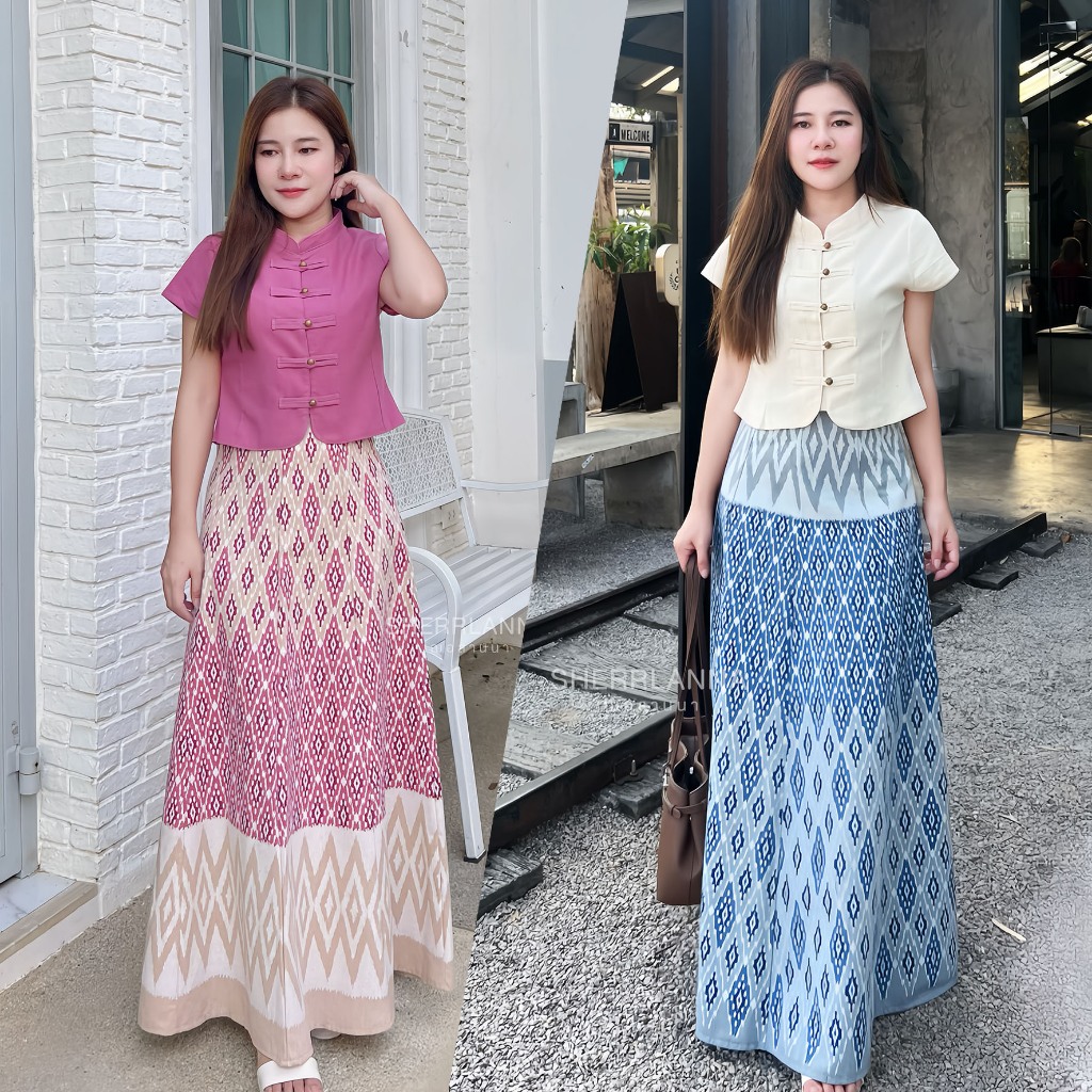 ชุดเซทเสื้อผ้าฝ้ายคอจีน กระโปรงลายไทยทรงย้วยงาน8ชิ้นตัวยาว