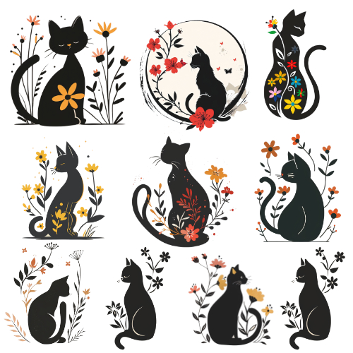 ตัวรีดติดเสื้อ แมวดำกับดอกไม้น่ารัก Black Cats and Flowers F.381