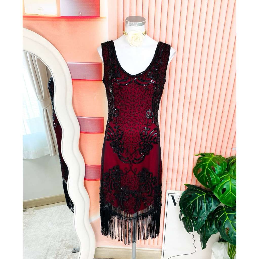 ไซด์ XL แบรนด์แท้ 100%🌸แกสบี้ เดรส Gatsby งานเกล็ดวิบวับ สีดำ/แดง ใส่ออกงาน ชุดราตรีแกสบี้ ชุดปาร์ตี้