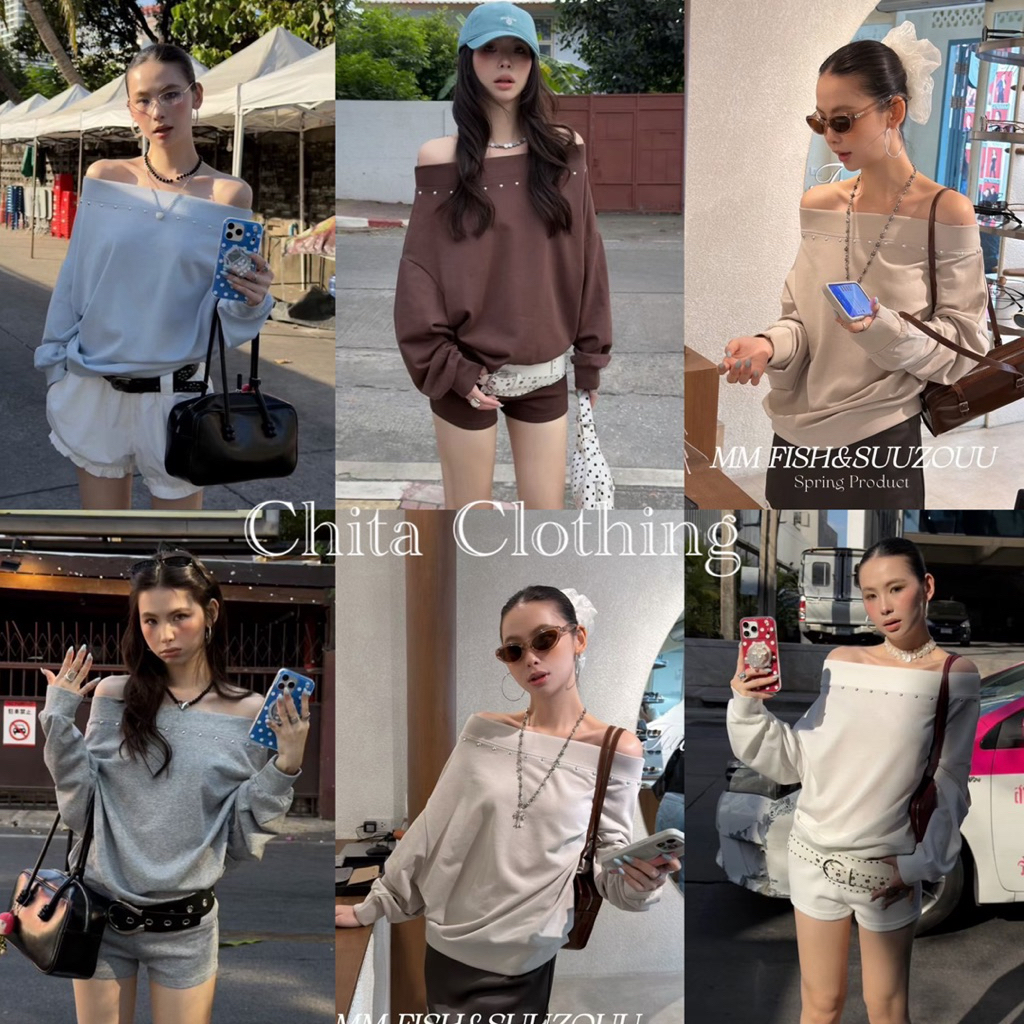 📍พร้อมส่ง📍SU031 26T031 เสื้อปาดไหล่แขนยาว แต่งหมุด งานสวยเก๋ Tag MMFish🇰🇷
