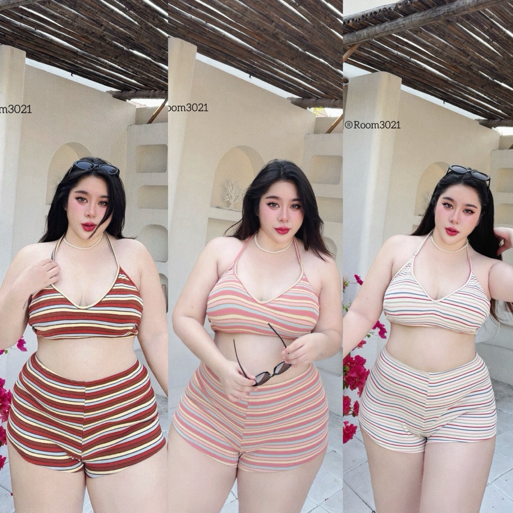 (TD) เซ็ต บราบิกินี่+กางเกงขาสั้นตัวจิ๋ว ผ้าลายขนมชั้น สีสันสดใส ละมุนมาก ซัมเมอร์นี้ต้องโดน เสื้อผ้าสาวอวบอ้วน ไซส์ใหญ่