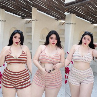 (TD) เซ็ต บราบิกินี่+กางเกงขาสั้นตัวจิ๋ว ผ้าลายขนมชั้น สีสัน…