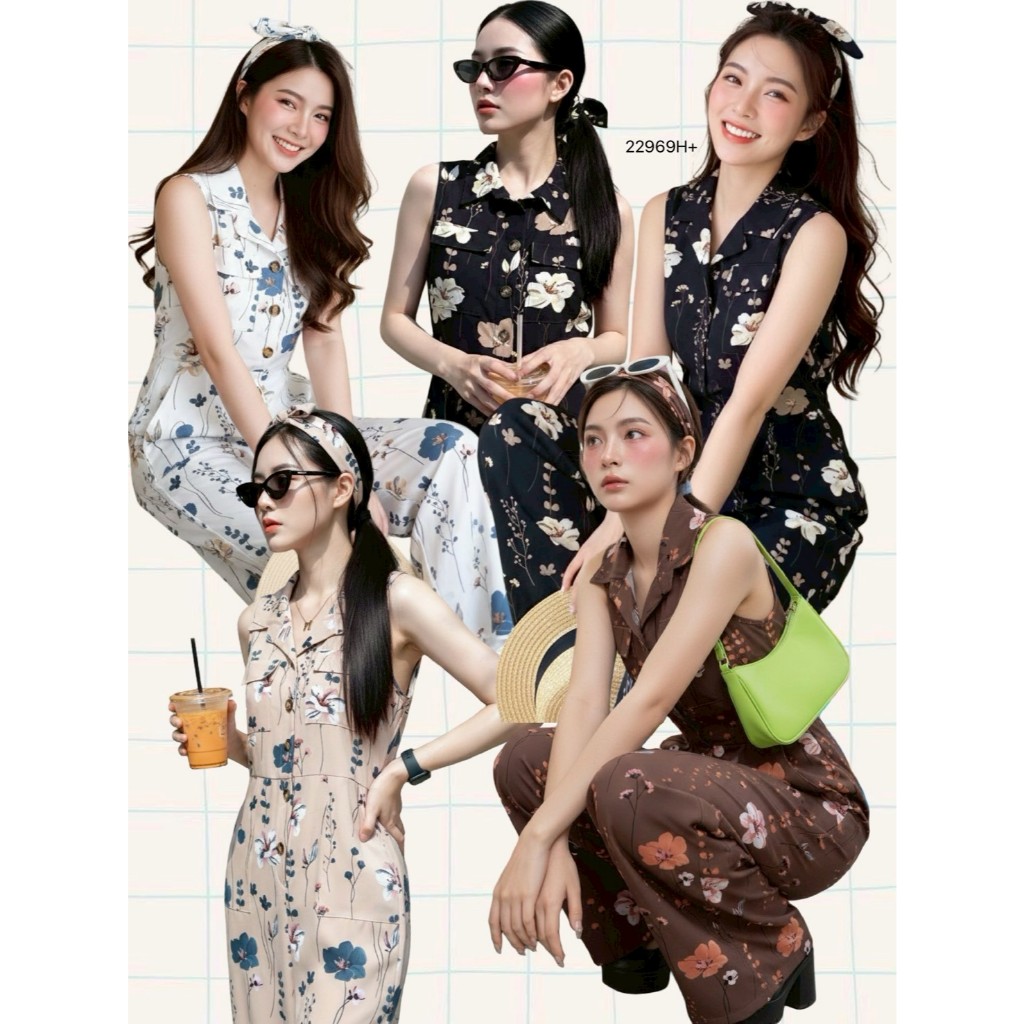 Jumpsuit แขนกุดขายาว ลายดอกไม้ มีสายโบว์ TT22969